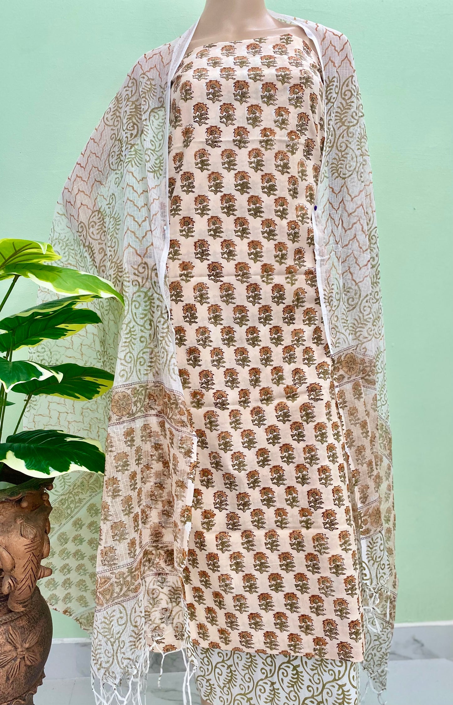 Ivory Bloom Handblock printed cotton Salwar (unstitched)
