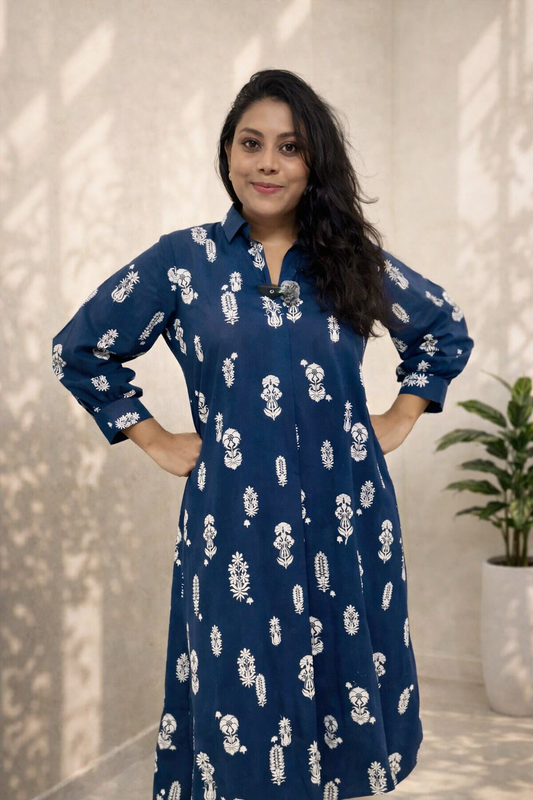 Indigo Bloom Collar Kurta